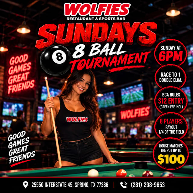 Sunday 8-Ball Tournament at Wolfies! ๐ฑ