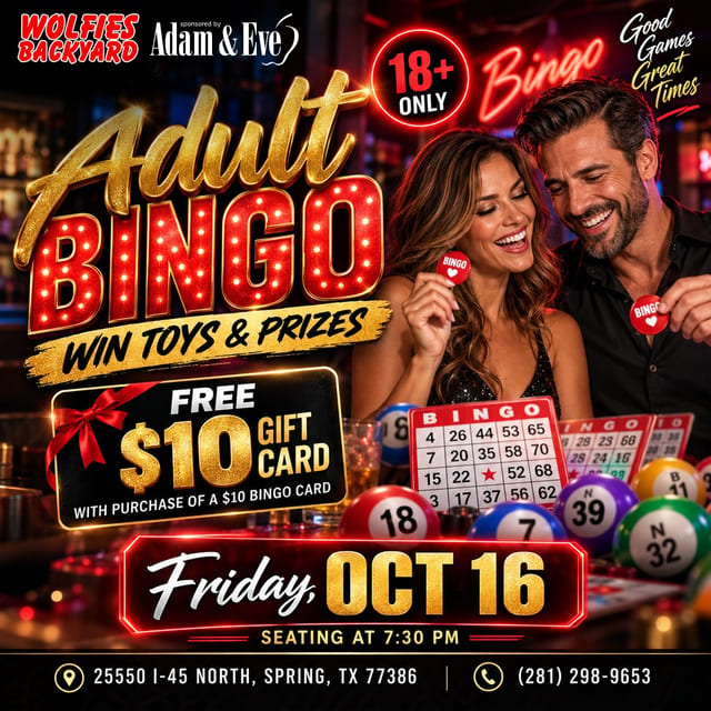 Adult Bingo Night at Wolfies Backyard โ Win Toys & Prizes!