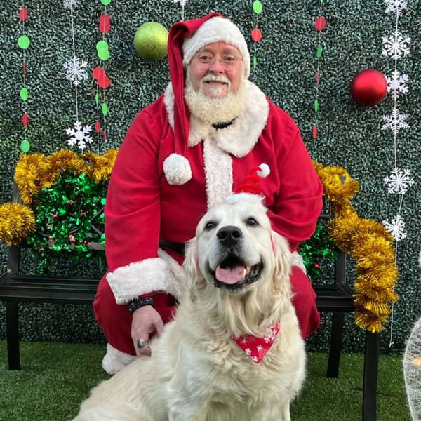 Santa Claus kneels beside a golden retriever wearing a red bandana, against a festive green backdrop.
