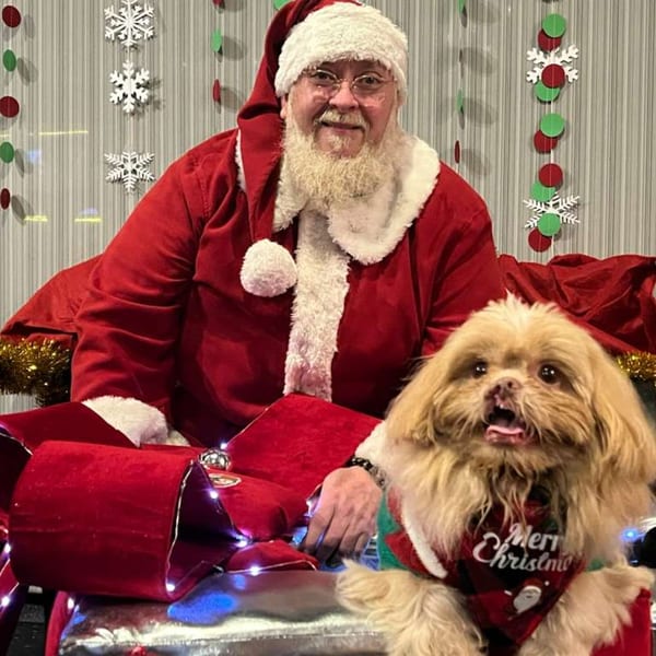 Santa Claus and a small fluffy dog in a "Merry Christmas" bandana pose together.