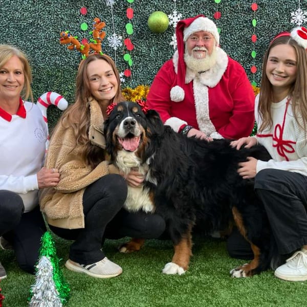 Four people, including Santa, and a large dog pose in front of a festive green wall.