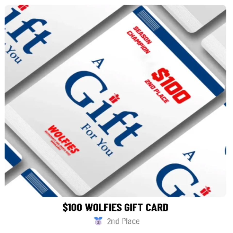 $100 Wolfies gift card with "A Gift For You" text and a small red gift icon.
