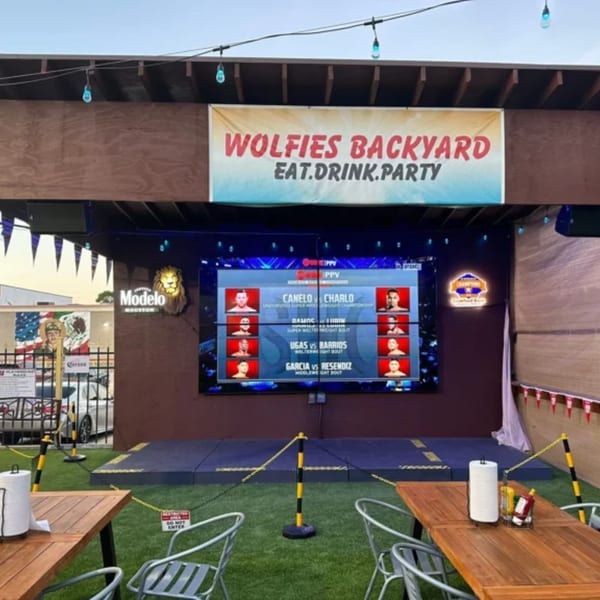 Wolfies Backyard sports bar patio with a large screen showing boxing matches and wooden tables.